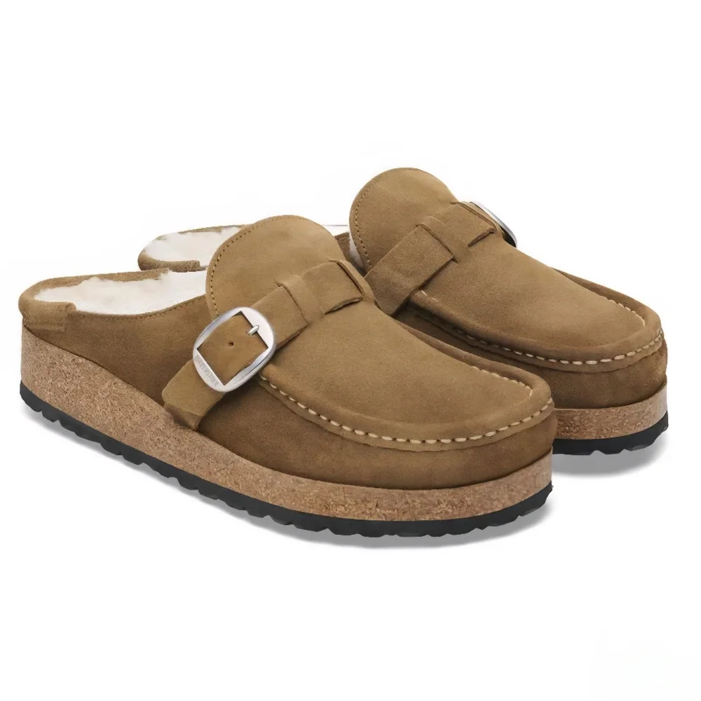 Birkenstock Tan Suede Shearling-Lined Clog Mules with Buckle - Picture 1 of 10